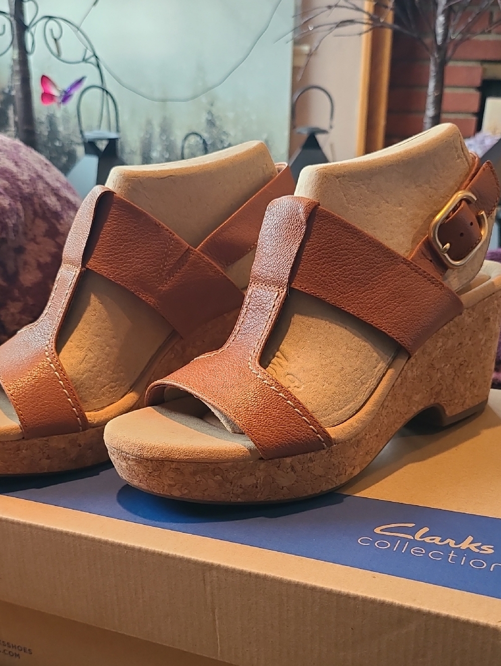 Clarks Tan Leather Cork Wedge Sandals with Buckle Size 9.5M